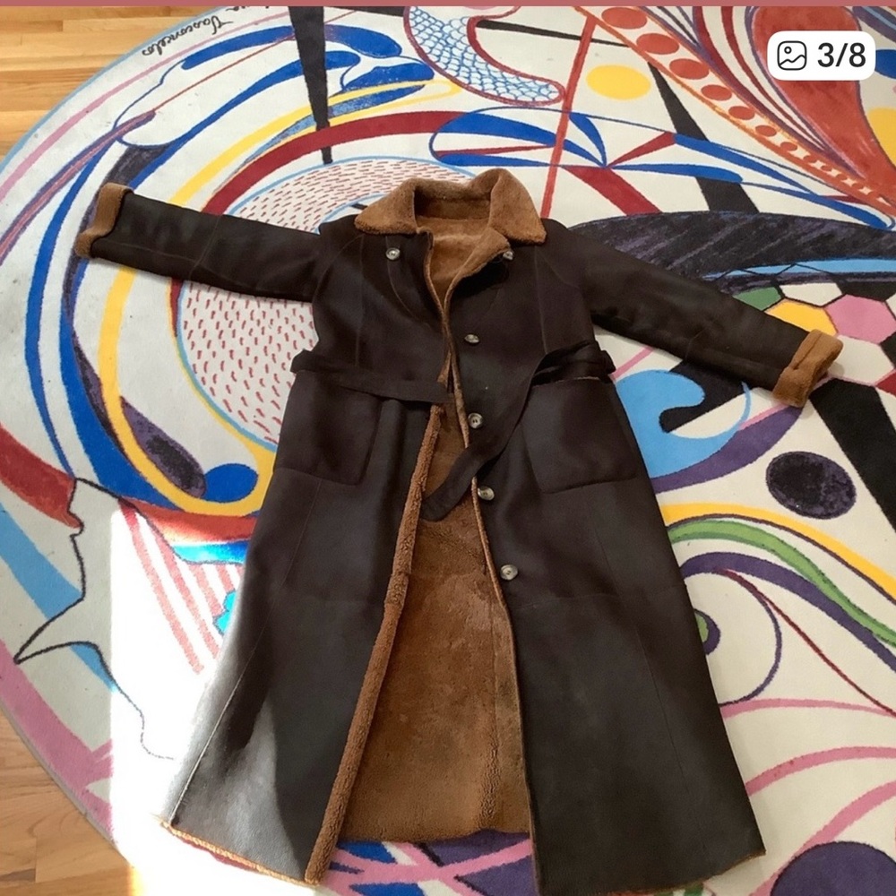Italian Vintage Shearling Leather Coat – Long, Belted, European Style - Picture 5 of 7